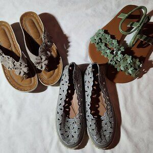 Lot of three pair sandals/flats flower taupe gray light green EUC or NWOT all 6